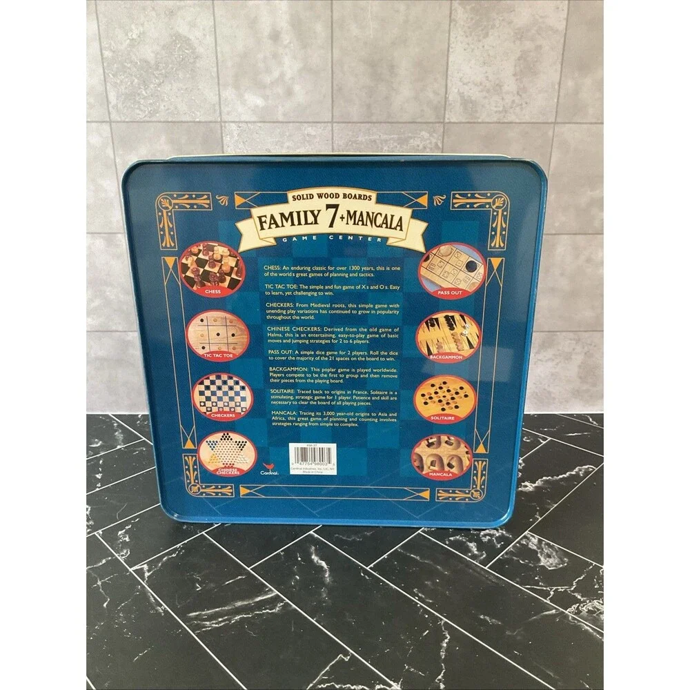 Family 7+ Mancala Game Center 8 Classic Board Games Solid Wood in Tin EUC